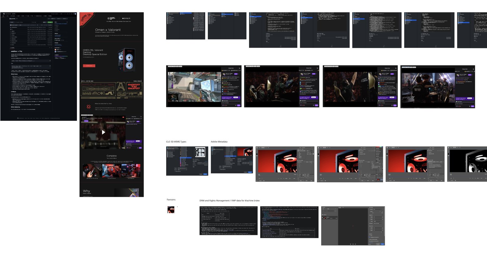 Build board for the article: screenshots of the game11ty GitHub repo, the OMEN x Valorant page, code previews, game stream captures, CLO 3D and Adobe metadata dialogs, favicons and XMP data notes